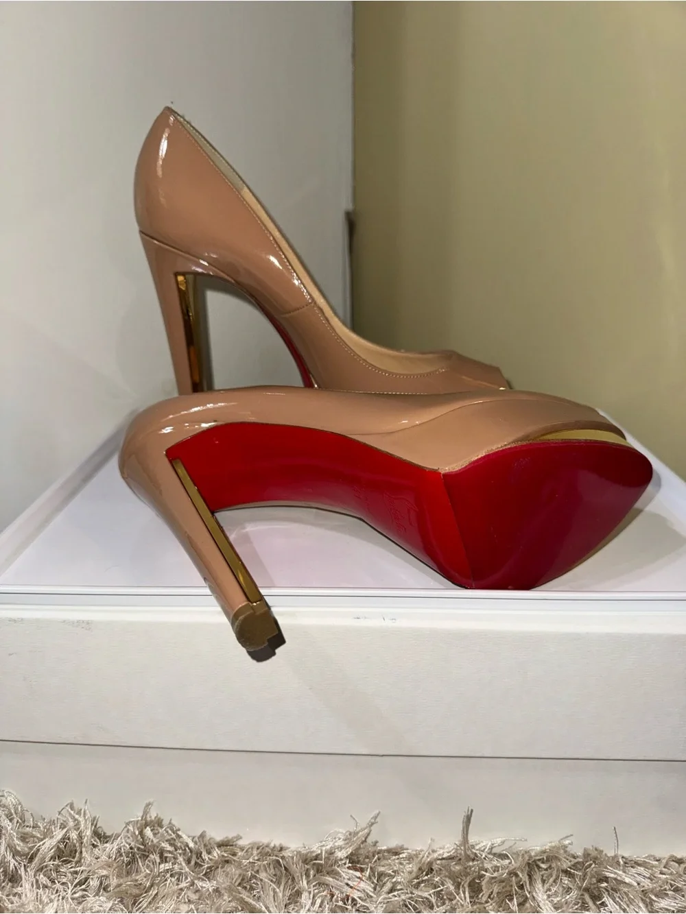 Christian Louboutin Nude Patent Platform High Heel Pumps - Women